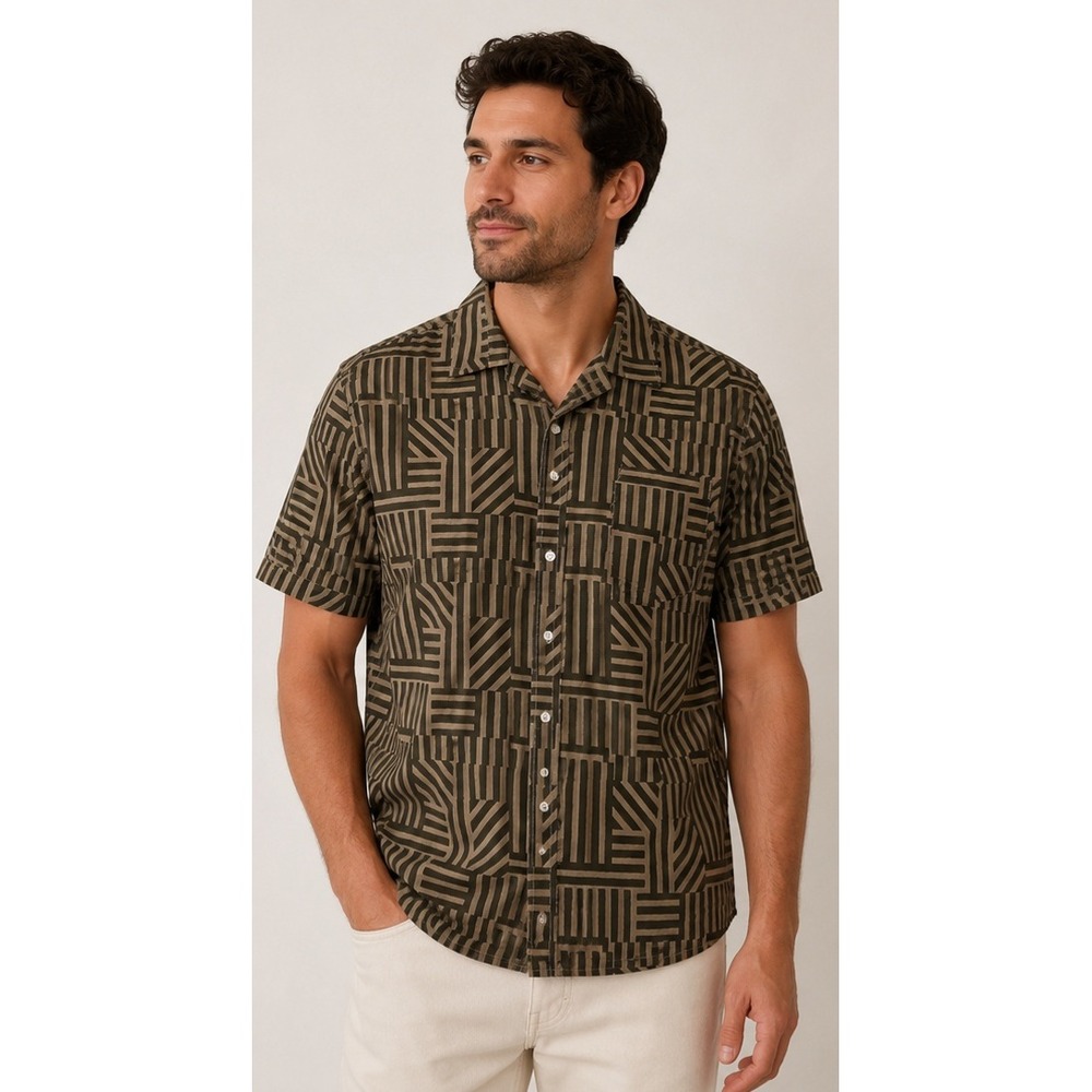 Goodfellow & Co Mens XXL Olive Green Geometric Maze Short Sleeve Button Up Shirt
